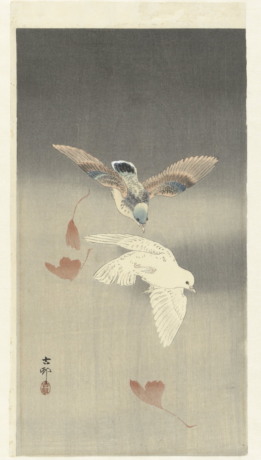 Twee duiven bij vallende ginkgo bladeren — Ohara Koson (printmaker); Matsuki Heikichi (publisher)