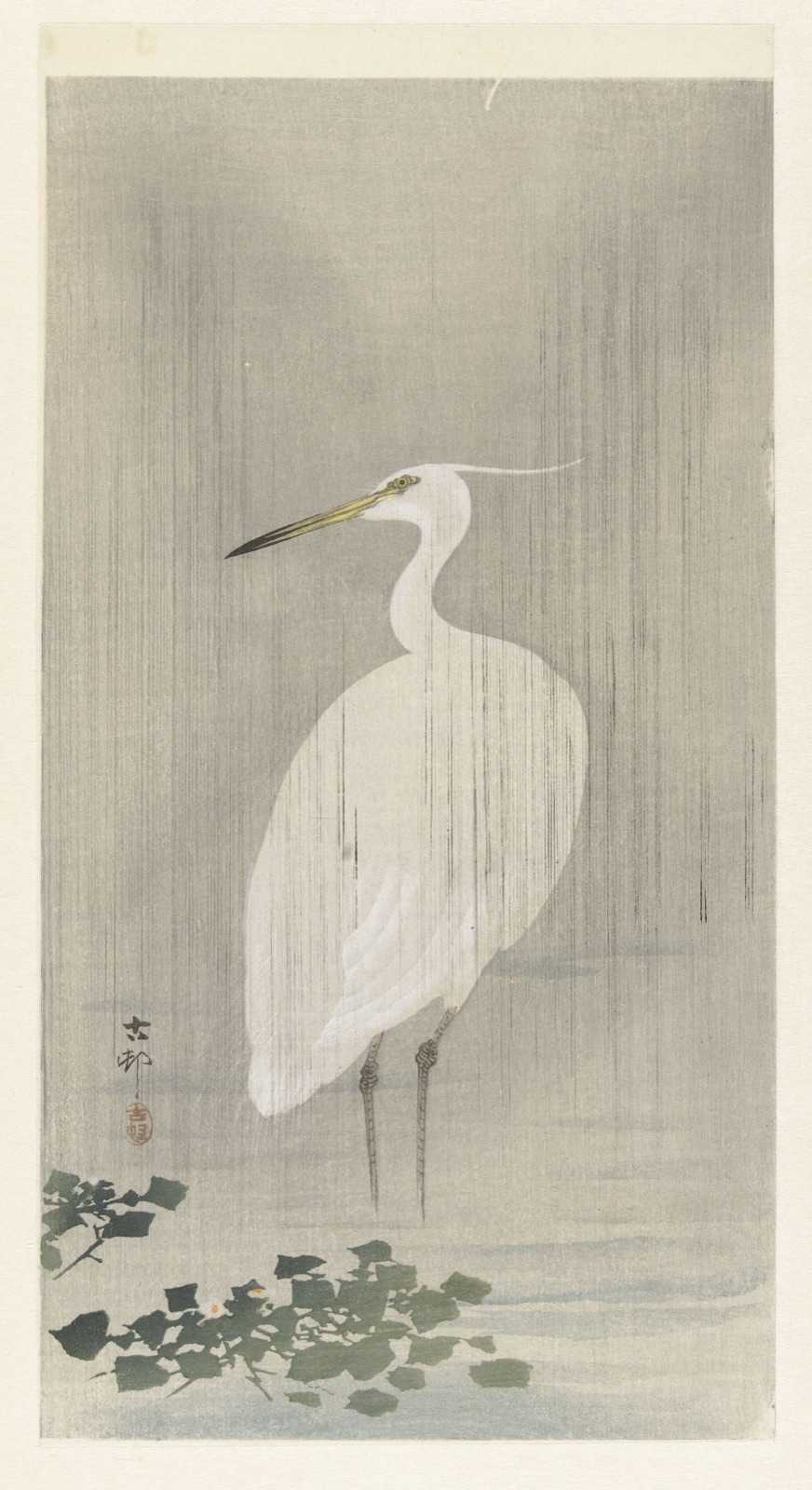 Zilverreiger in regen — Ohara Koson (printmaker); Matsuki Heikichi (publisher)