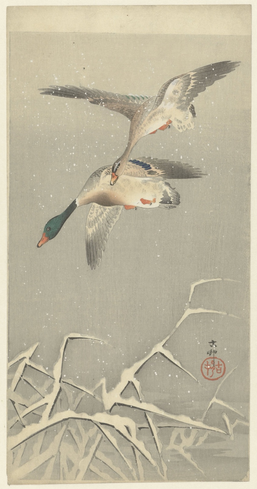 Twee wilde eenden in vlucht — Ohara Koson (printmaker)
