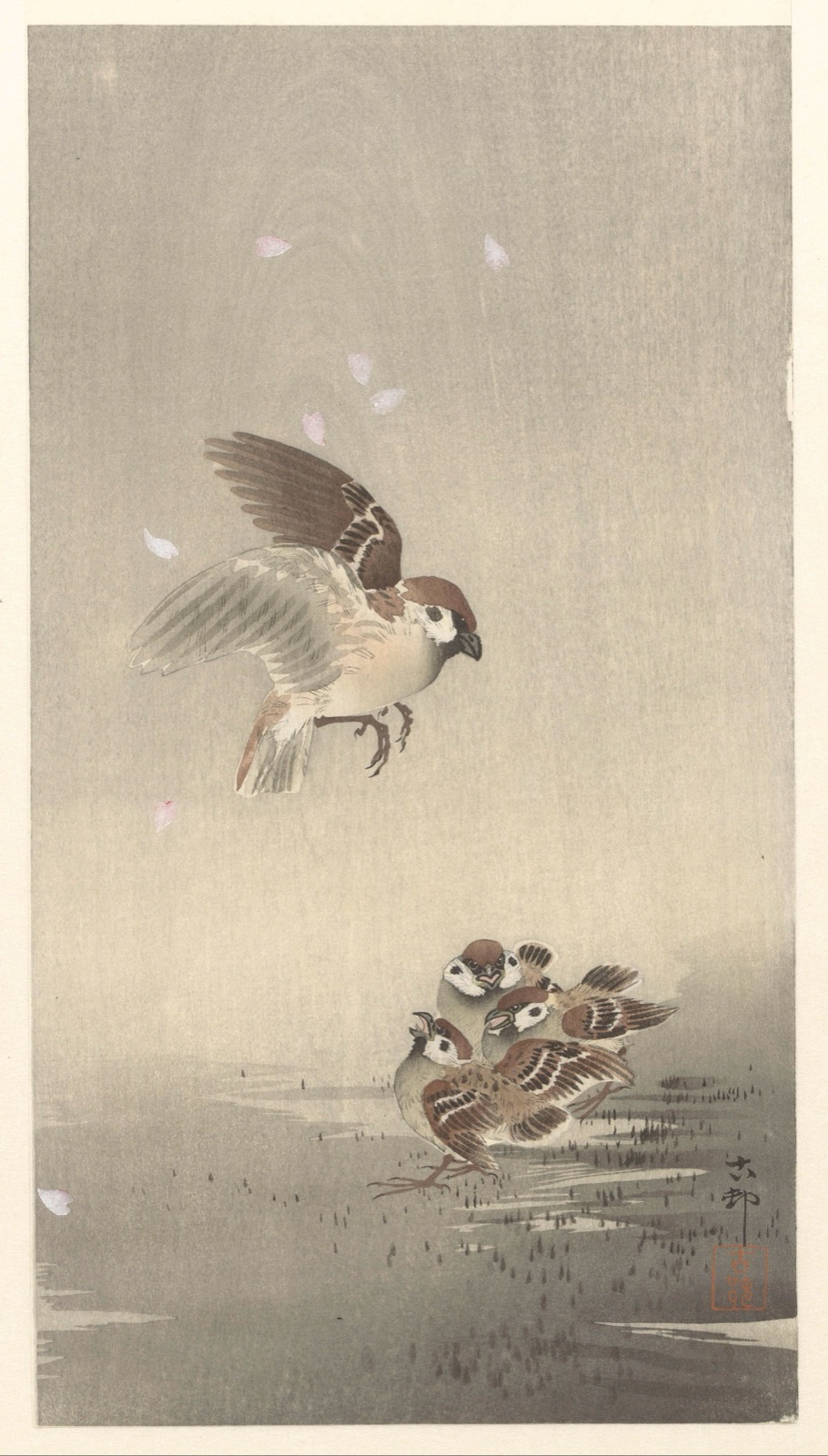 Ringmus met jongen — Ohara Koson (printmaker)