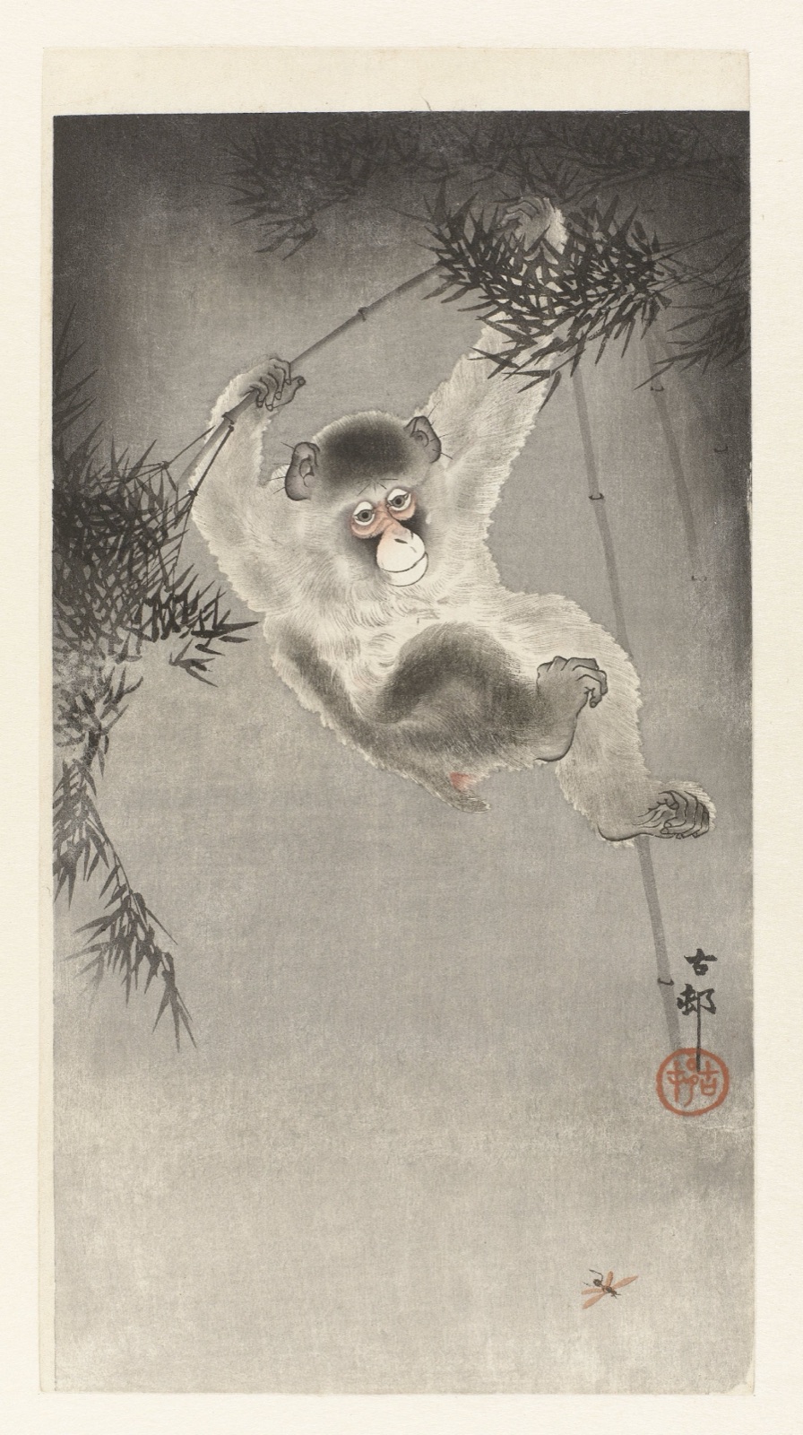 Aap, hangend aan bamboetak — Matsuki Heikichi (publisher); Ohara Koson (printmaker)