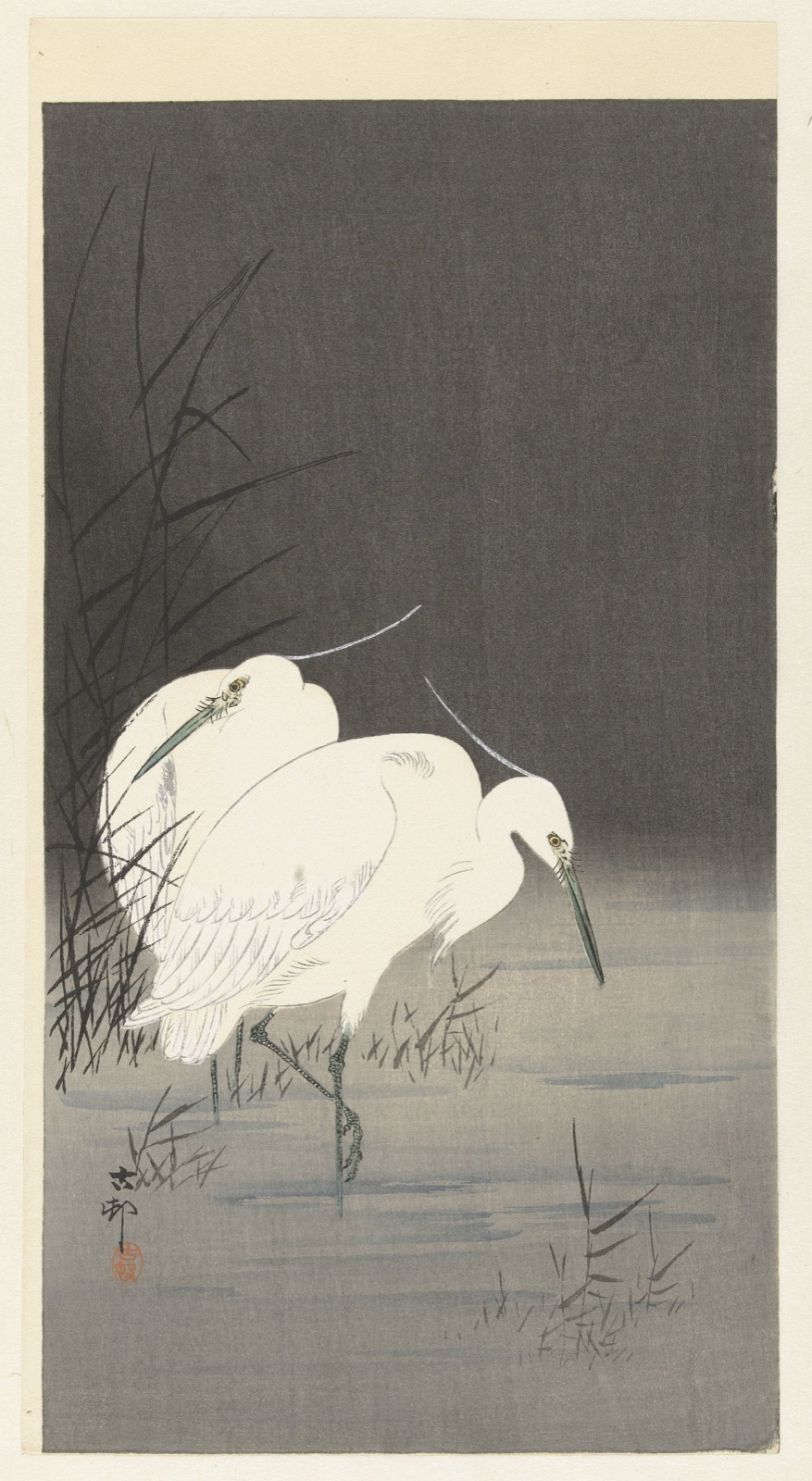 Twee zilverreigers in het riet — Matsuki Heikichi (publisher); Ohara Koson (printmaker)