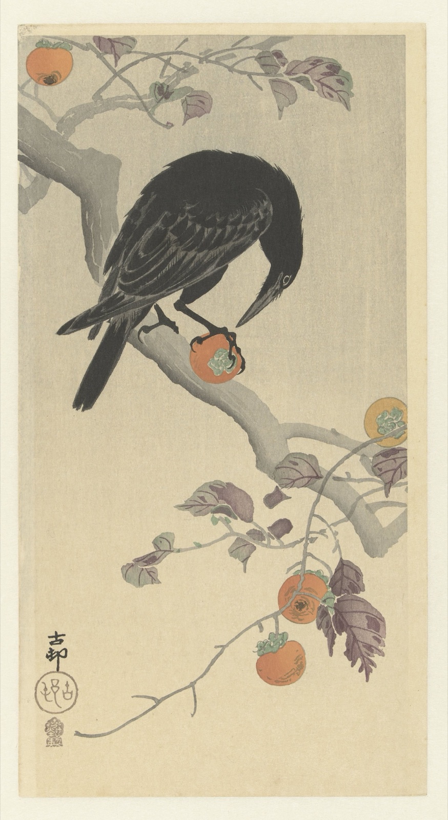 Kraai met kakivrucht — Ohara Koson (printmaker); Akiyama Buemon (publisher)