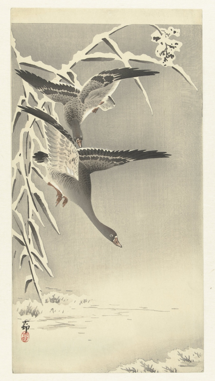 Twee kolganzen in sneeuwlandschap — Matsuki Heikichi (publisher); Ohara Koson (printmaker)