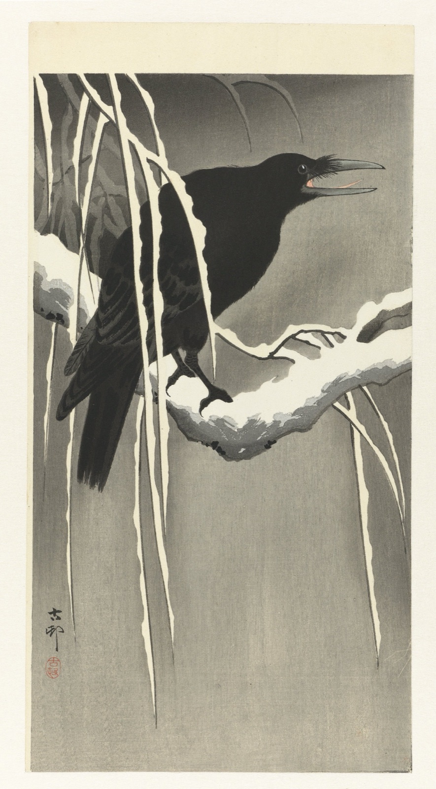 Kraai op besneeuwde tak — Ohara Koson (printmaker); Matsuki Heikichi (publisher)