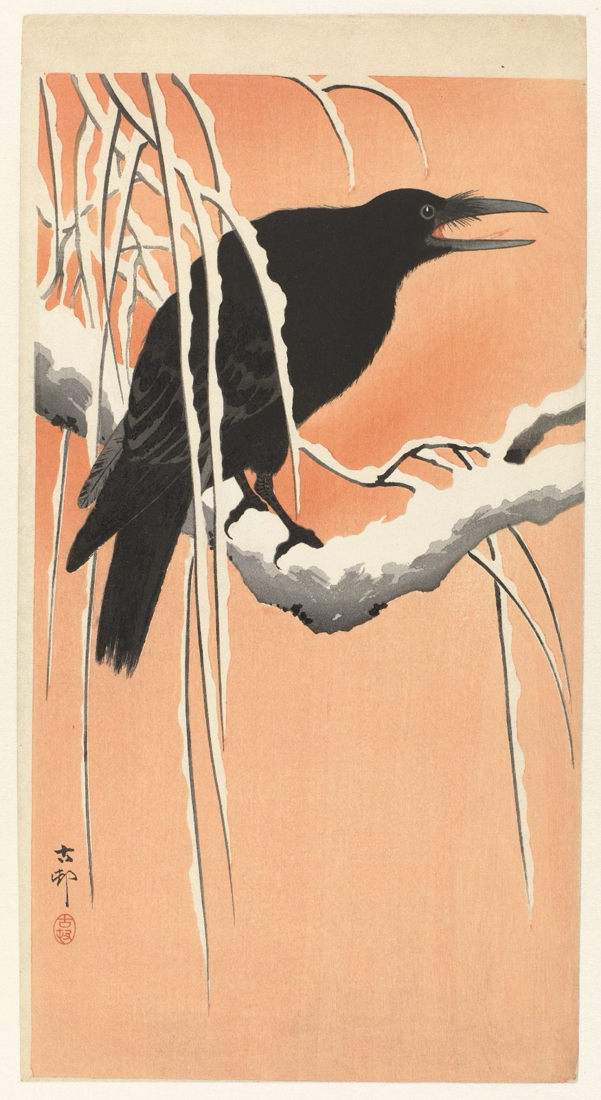 Kraai op besneeuwde tak — Ohara Koson (printmaker); Matsuki Heikichi (publisher)