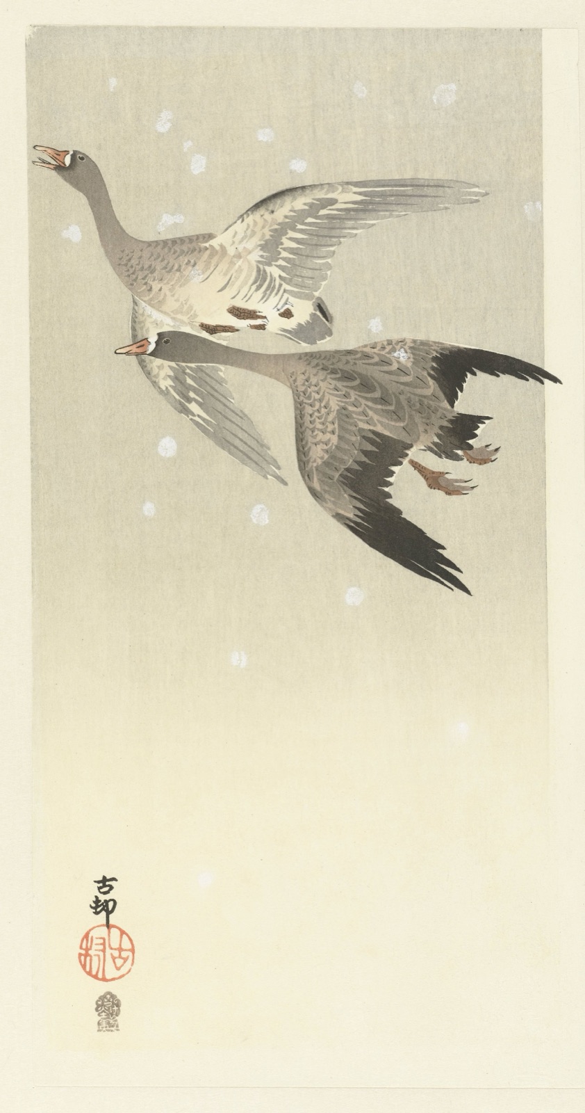 Kolganzen, vliegend in de sneeuw — Akiyama Buemon (publisher); Ohara Koson (printmaker)