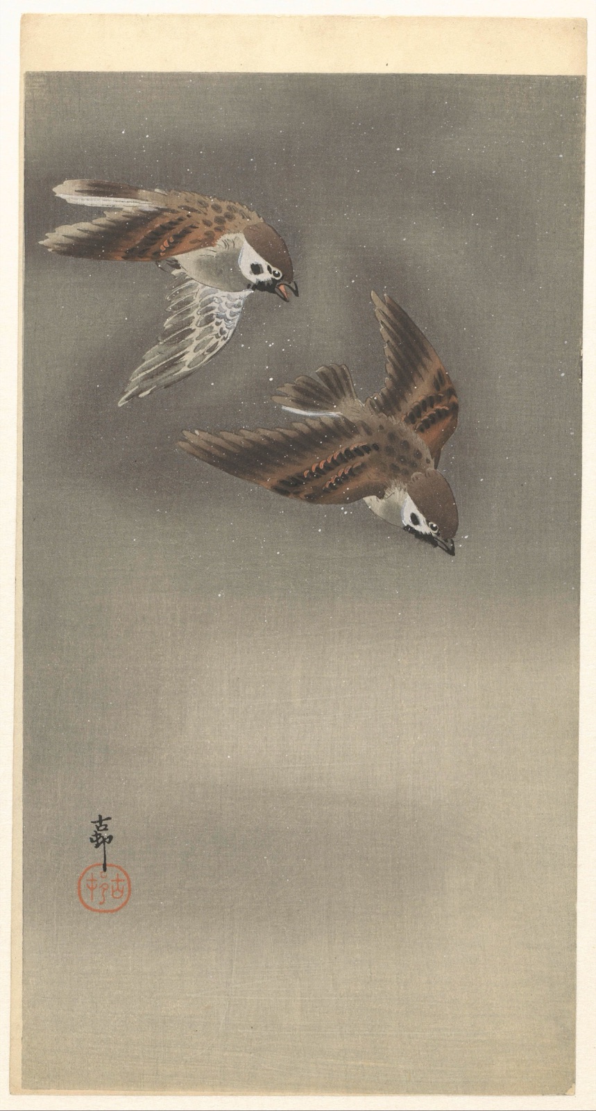 Ringmussen in sneeuw — Ohara Koson (printmaker); Matsuki Heikichi (publisher)