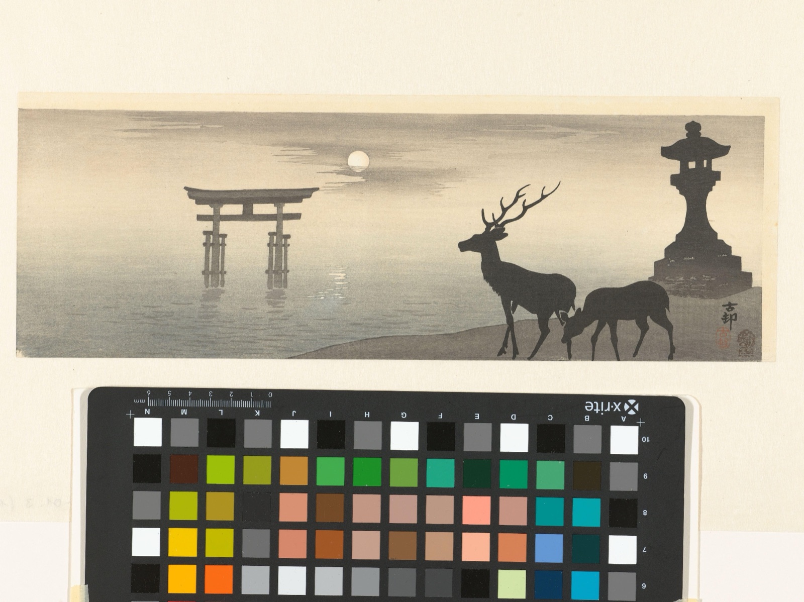 Landschap met torii en herten — Akiyama Buemon (publisher); Ohara Koson (printmaker)