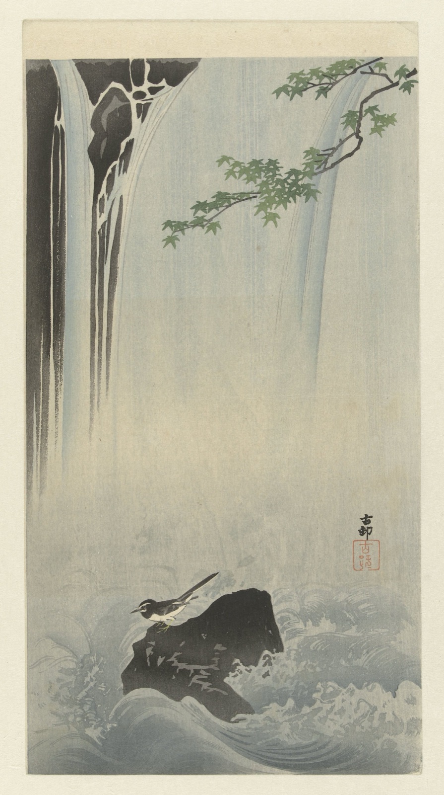 Japanse kwikstaart bij waterval — Ohara Koson (printmaker); Matsuki Heikichi (publisher)