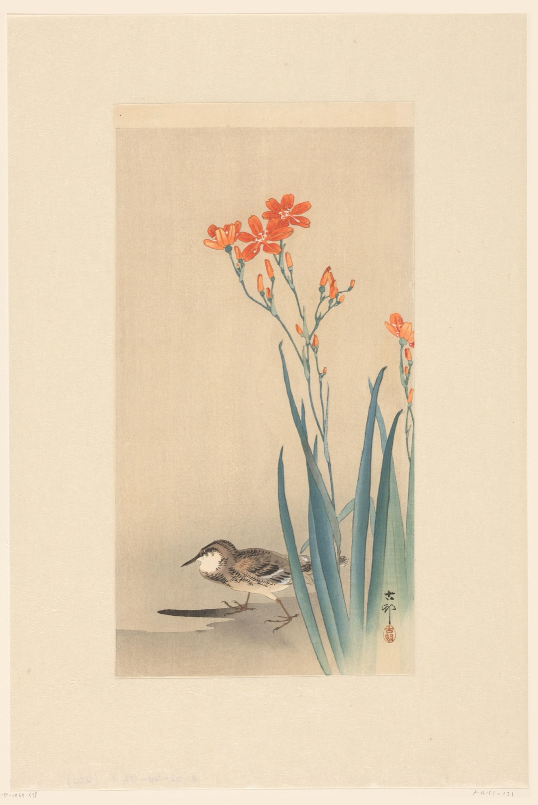 Pieper bij rode bloemen — Matsuki Heikichi (publisher); Ohara Koson (printmaker)