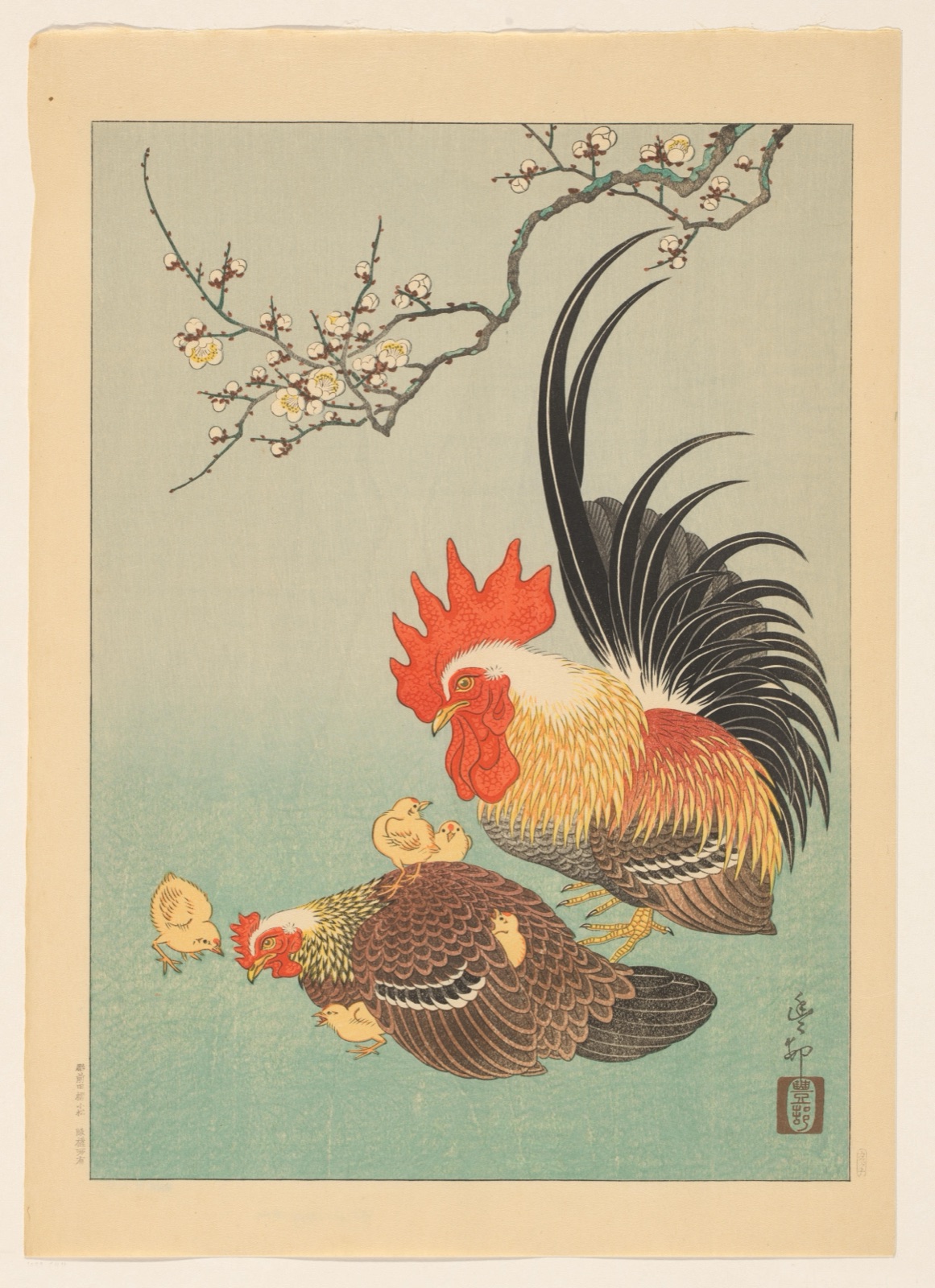 Haan met hen en vijf kuikens — Kawaguchi (publisher); Ohara Koson (printmaker)