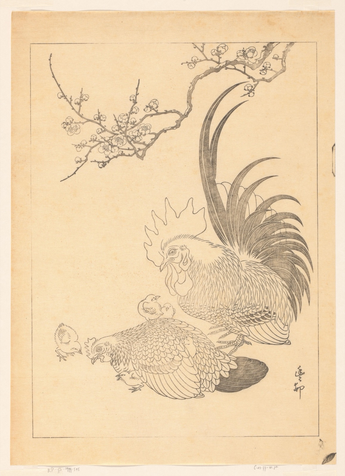 Haan met hen en vijf kuikens — Ohara Koson (printmaker); Kawaguchi (publisher)