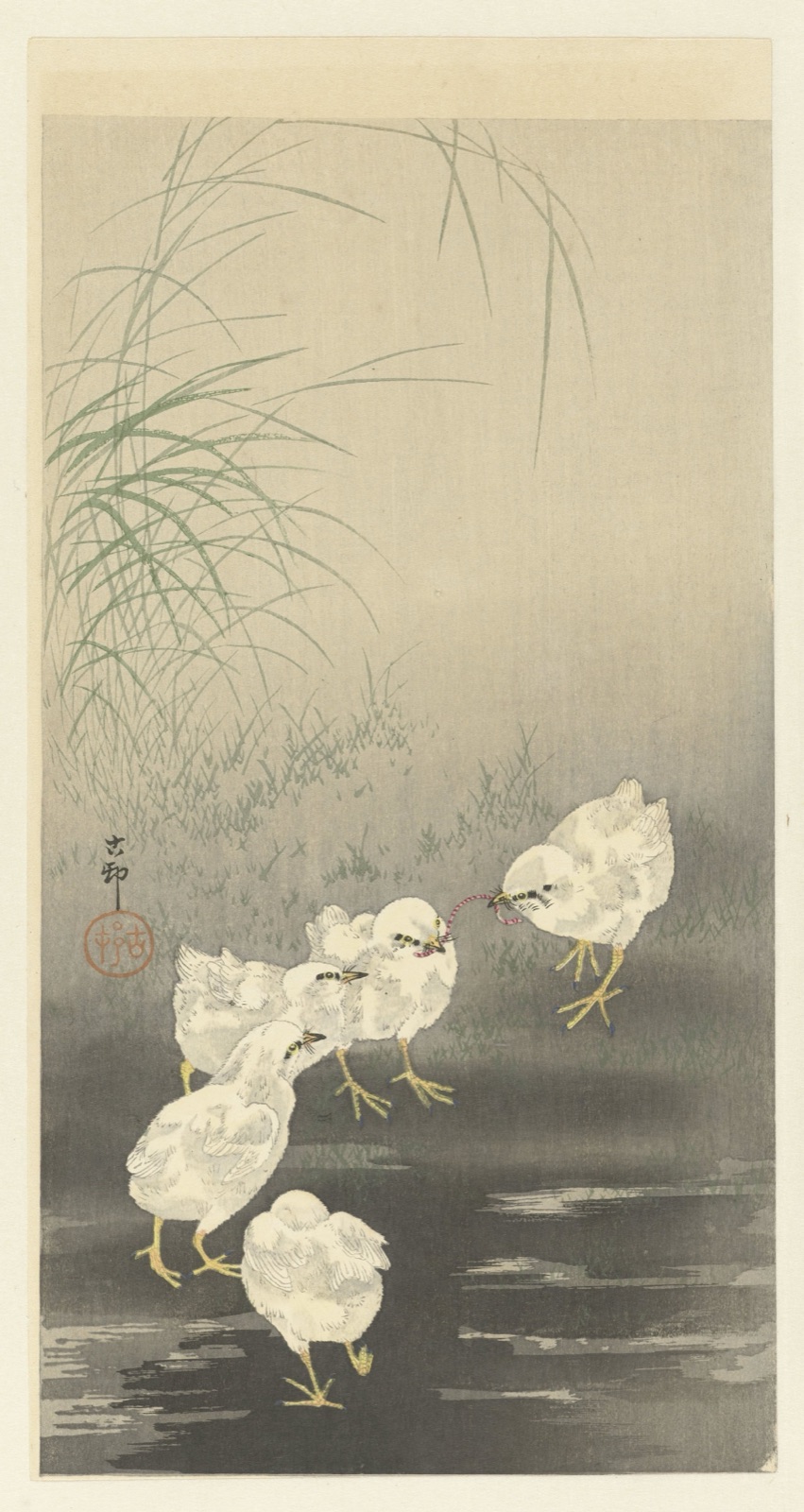 Kuikens en worm — Matsuki Heikichi (publisher); Ohara Koson (printmaker)