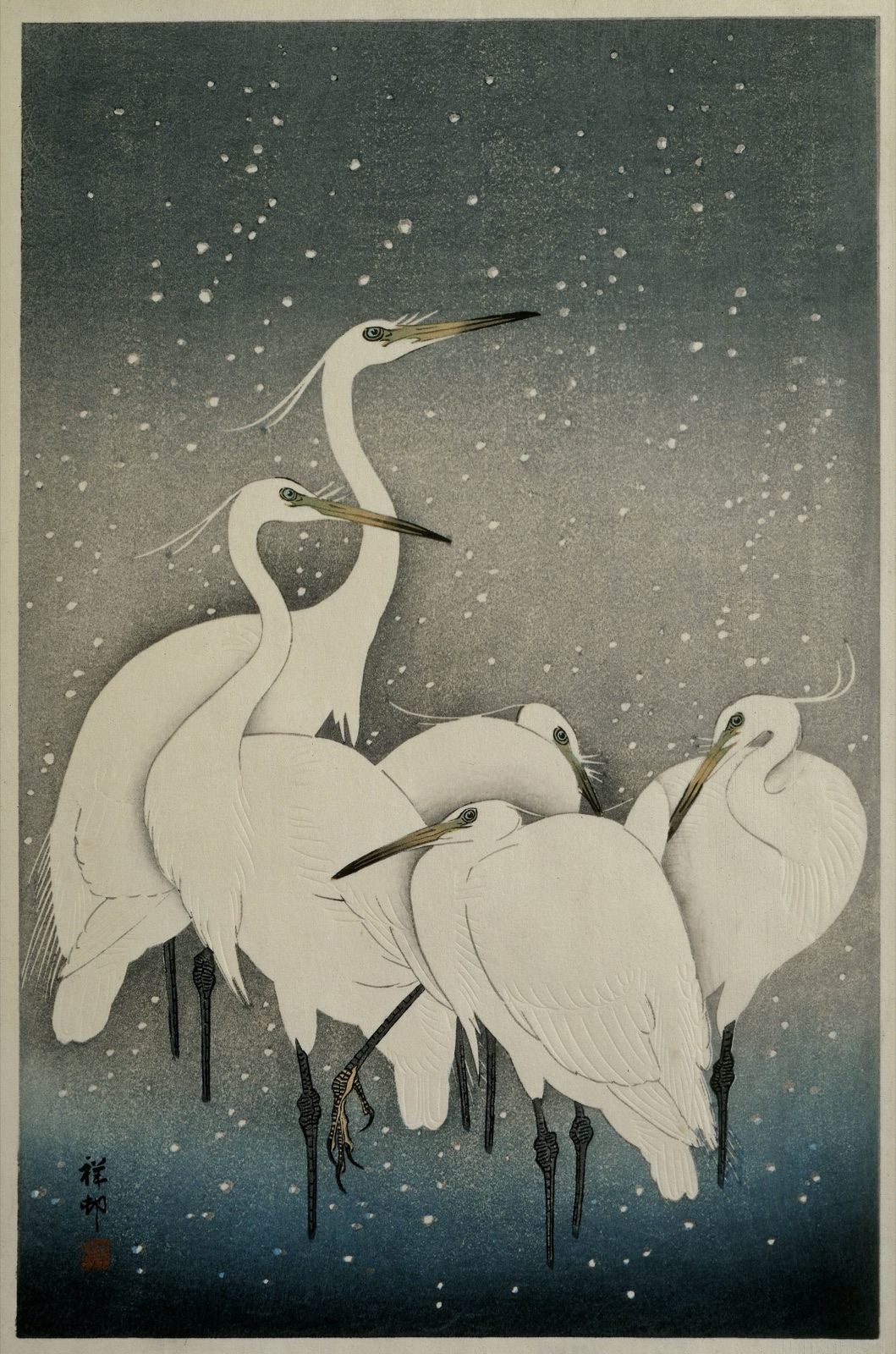 Group of Egrets in snow — Watanabe Shōzaburō (publisher); Ohara Koson (printmaker)