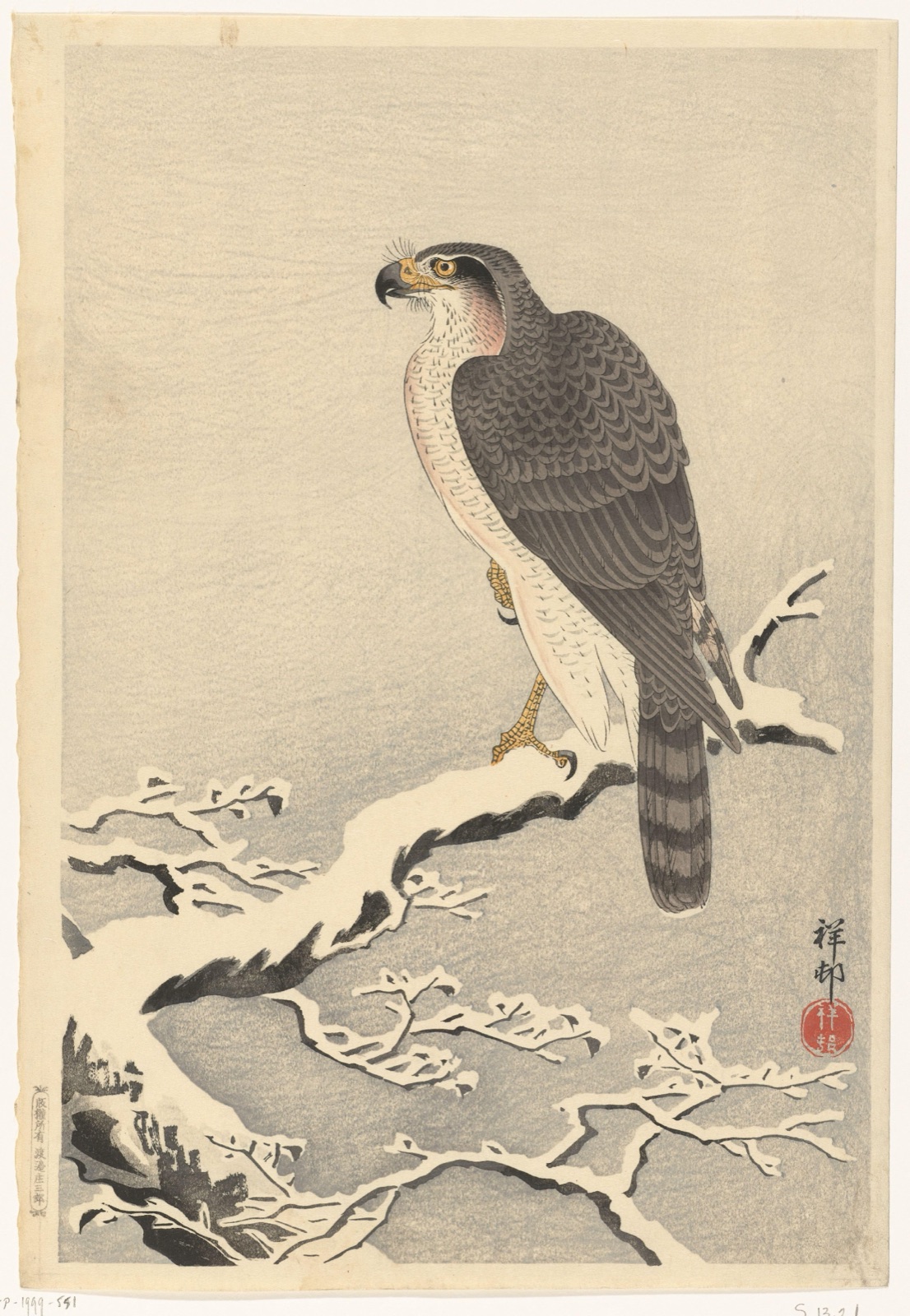 Havik op besneeuwde tak van pijnboom — Ohara Koson (printmaker); Watanabe Shōzaburō (publisher)