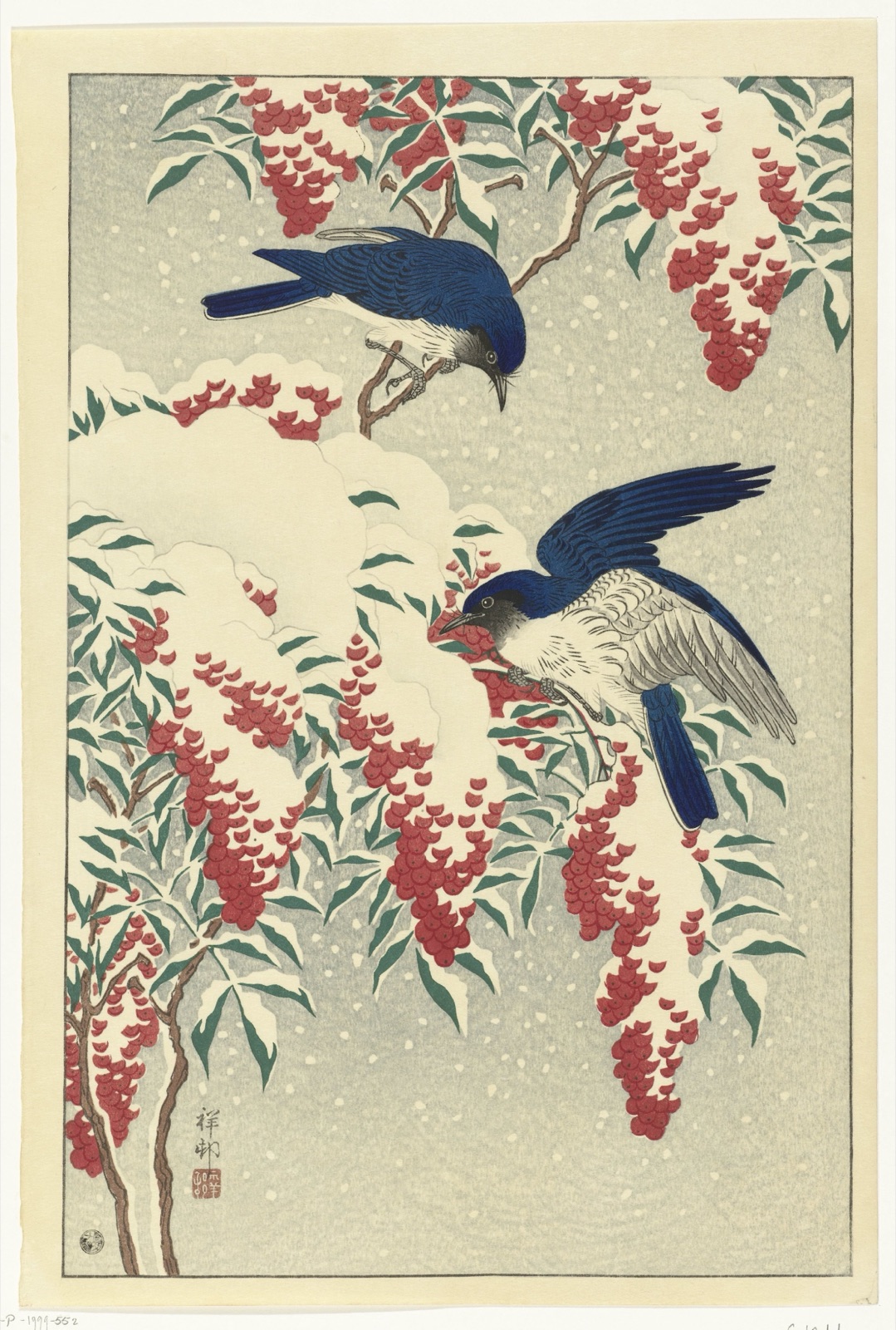 Flycatchers on snow-covered nandin bush — Ohara Koson (printmaker); Watanabe Shōzaburō (publisher)