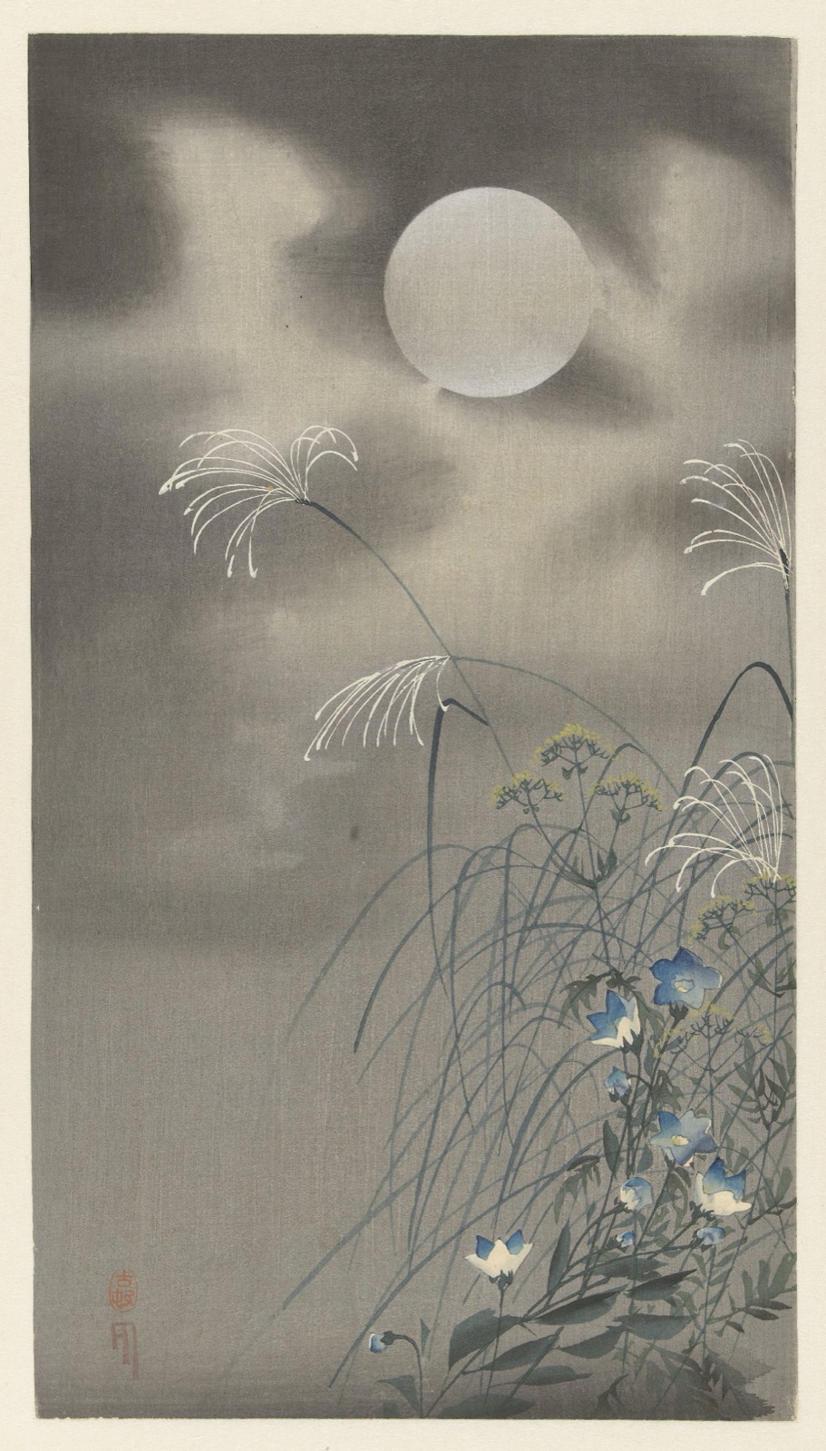 Grassen en bloemen bij volle maan — Ohara Koson (printmaker); Matsuki Heikichi (publisher)