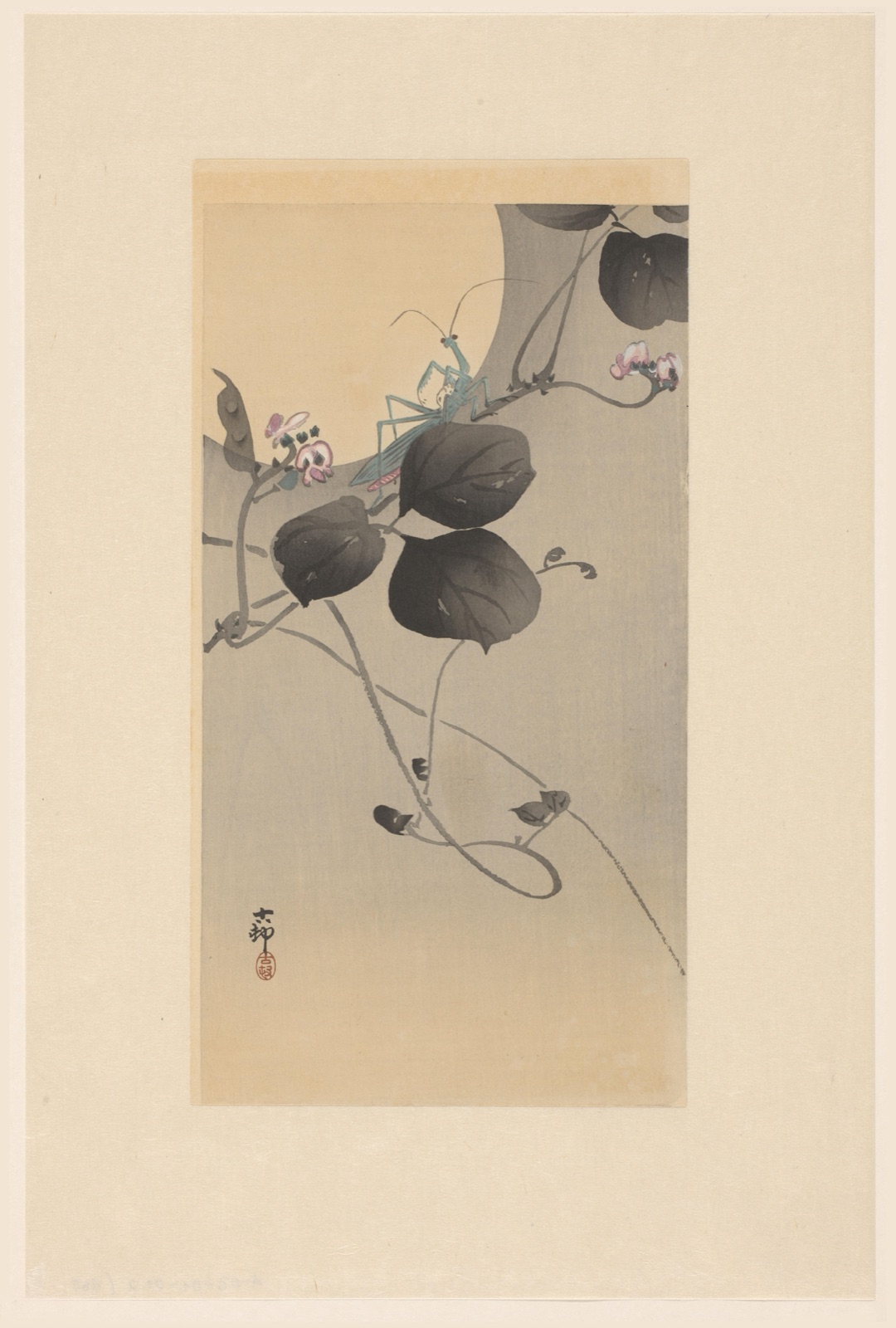 Bidsprinkhaan bij volle maan — Matsuki Heikichi (publisher); Ohara Koson (printmaker)