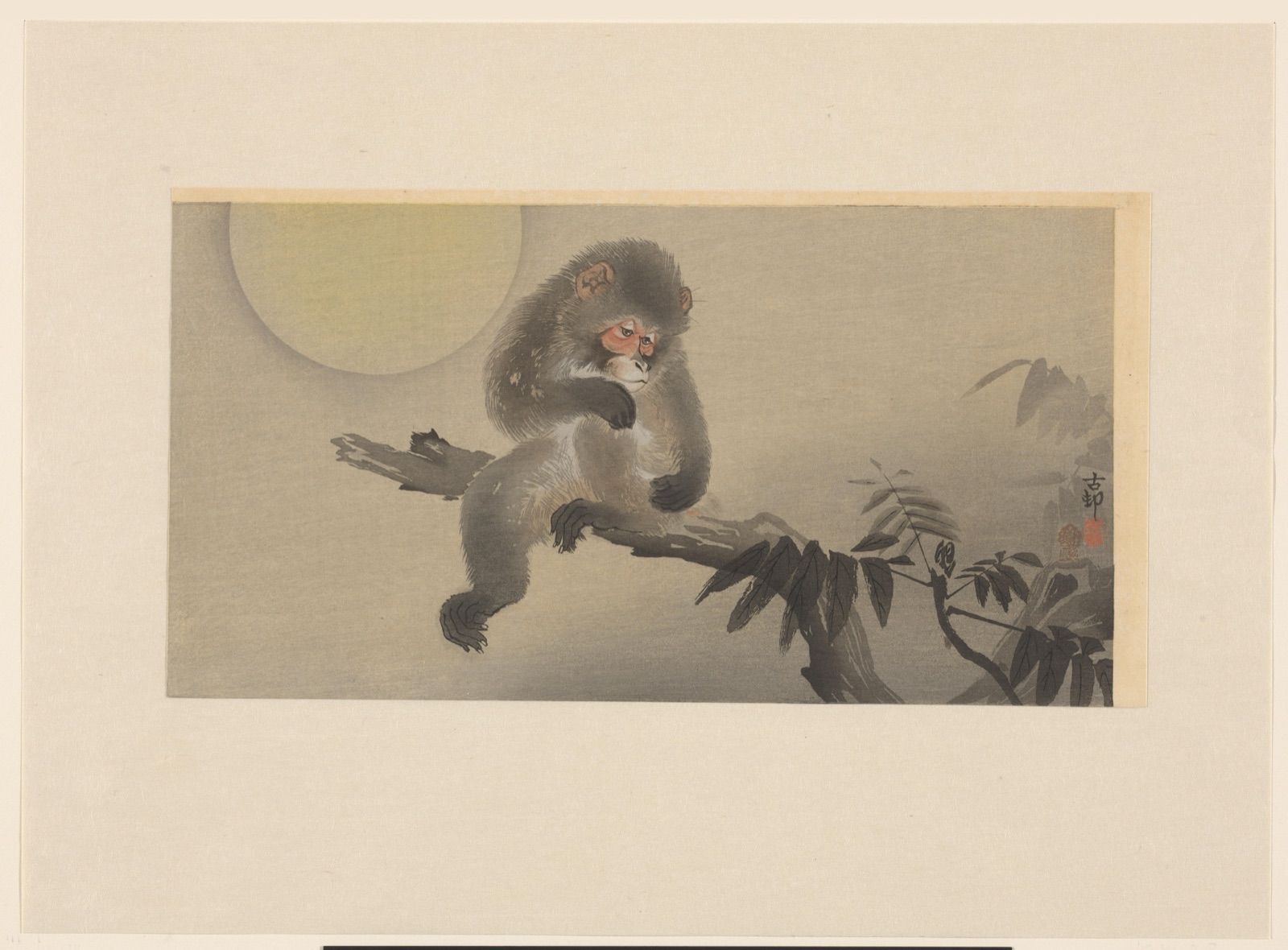 Aap op tak, bij volle maan — Ohara Koson (printmaker); Akiyama Buemon (publisher)