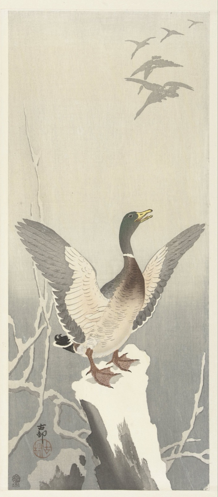 Eend op besneeuwde boomstronk — Akiyama Buemon (publisher); Ohara Koson (printmaker)