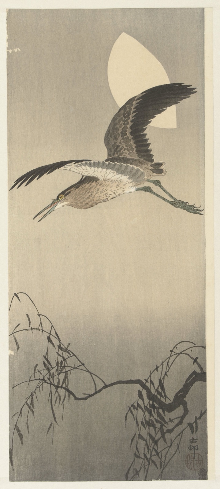 Reiger en maan — Ohara Koson (printmaker); Akiyama Buemon (publisher)