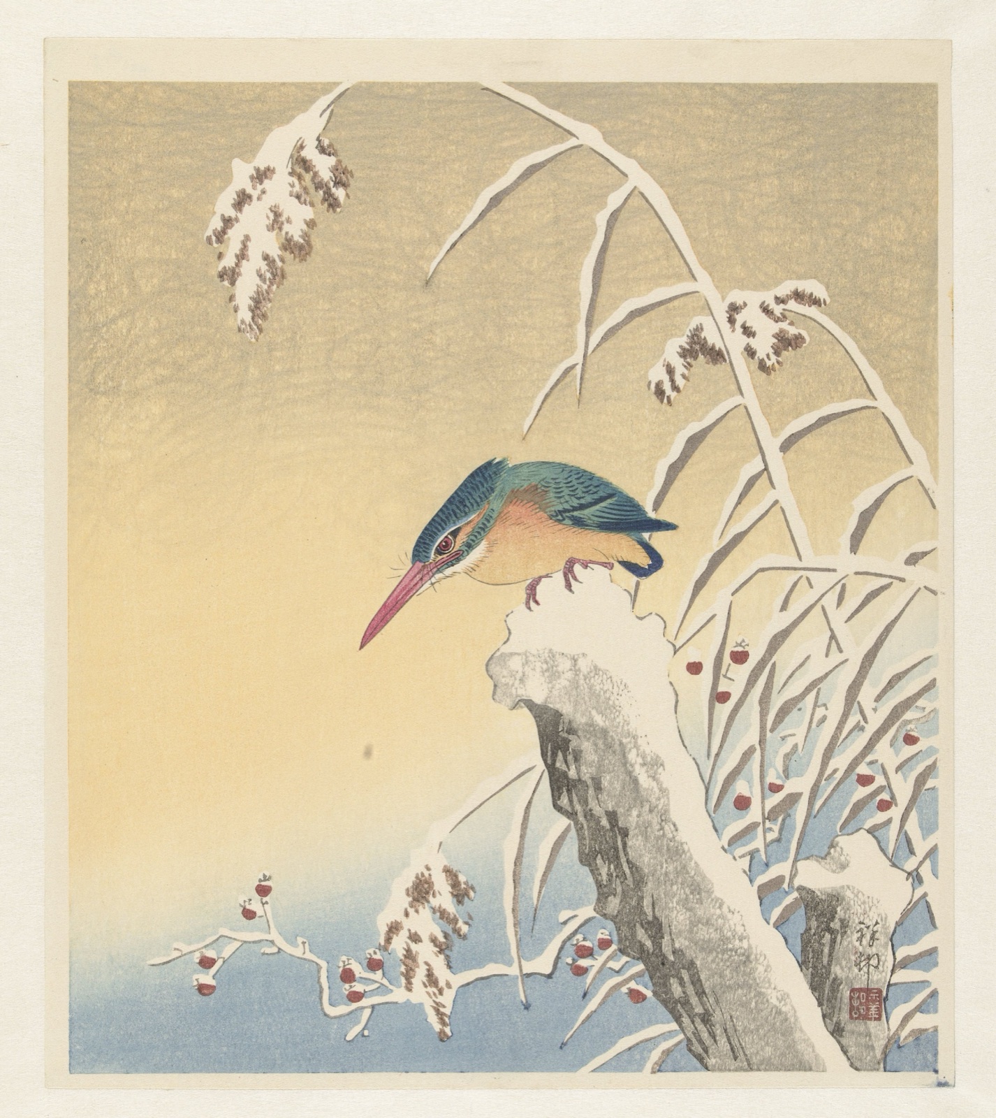 IJsvogel in de sneeuw — Watanabe Shōzaburō (publisher); Ohara Koson (printmaker)
