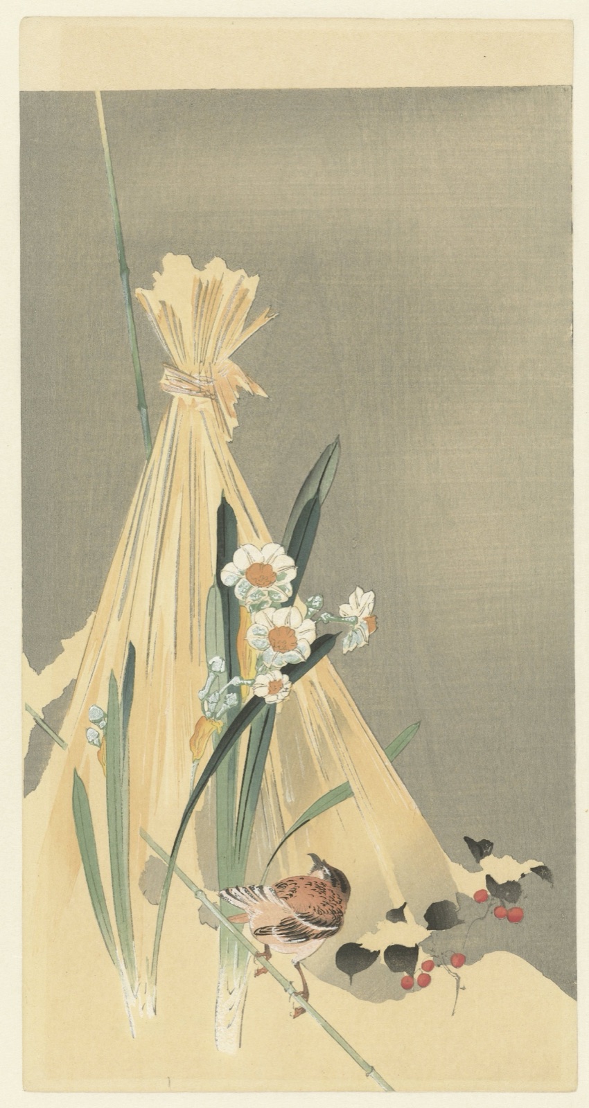 Zangvogel bij hooibundel — Matsuki Heikichi (publisher)
