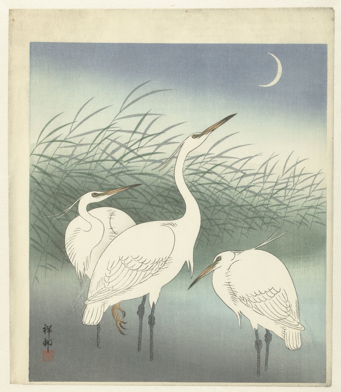 Reigers in ondiep water — Ohara Koson (printmaker); Watanabe Shōzaburō (publisher)