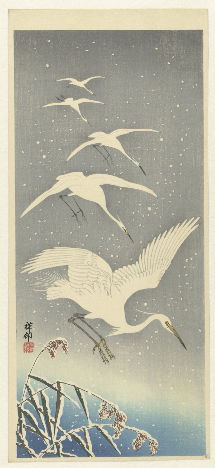 Descending egrets in snow — Ohara Koson (printmaker); Watanabe Shōzaburō (publisher)