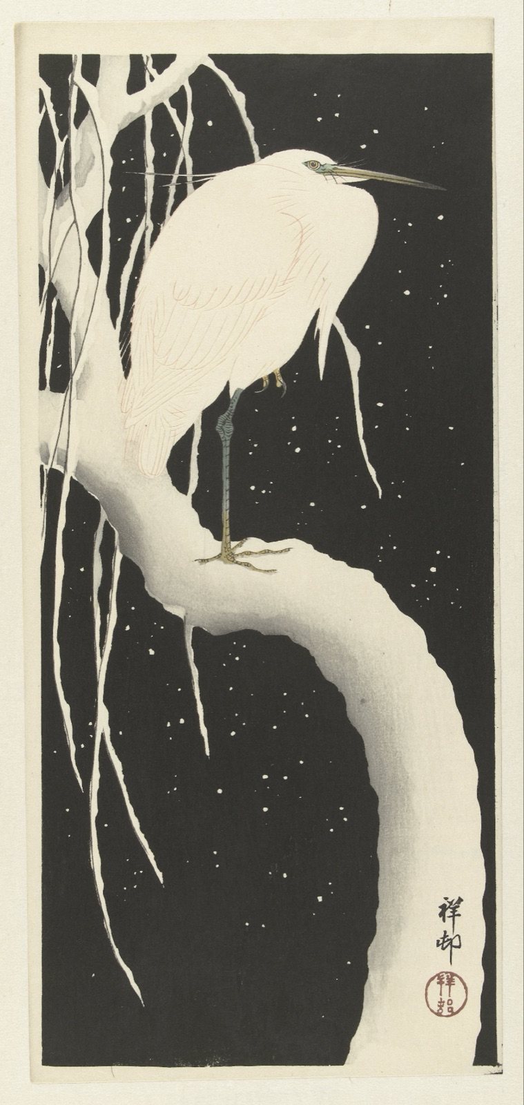 Zilverreiger in sneeuw — Ohara Koson (printmaker); Watanabe Shōzaburō (publisher)