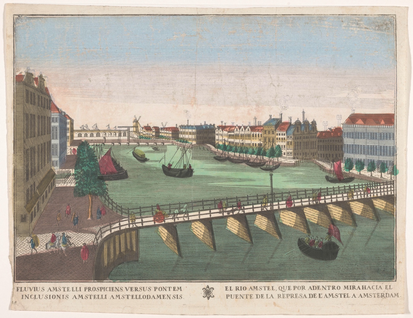 El rio Amstel, que por adentro mirahacia el puente de la represa de l'Amstel a Amsterdam