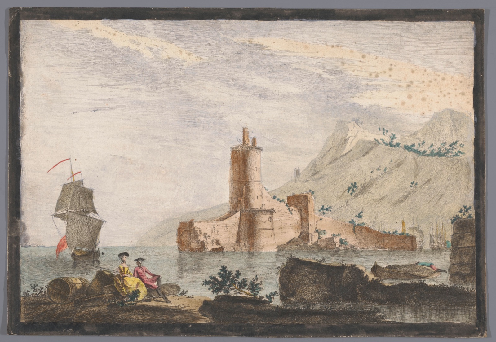 Gezicht op een haven met een toren in de Provence — Marie Jeanne Ozanne (printmaker)