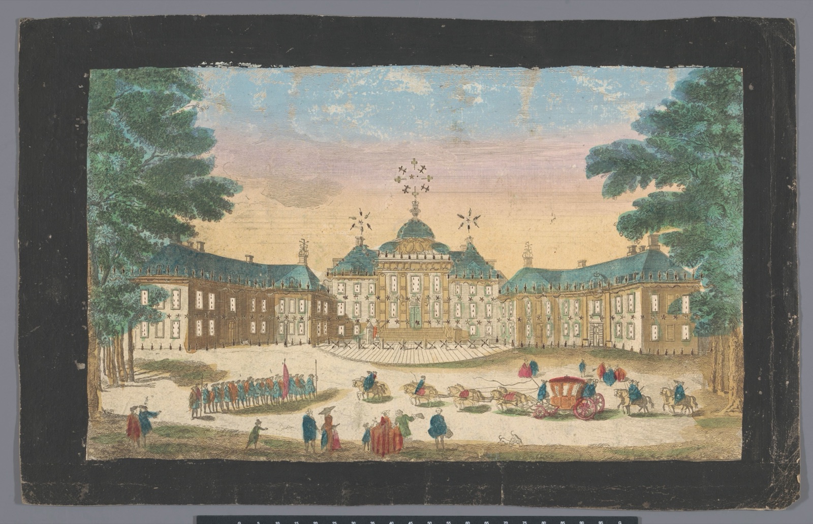 Vue du front de la maison dans le bois de son altesse tercnissime le prince d'Orange stadhouder des Provinces Unies &c &c &c — Basset (publisher)