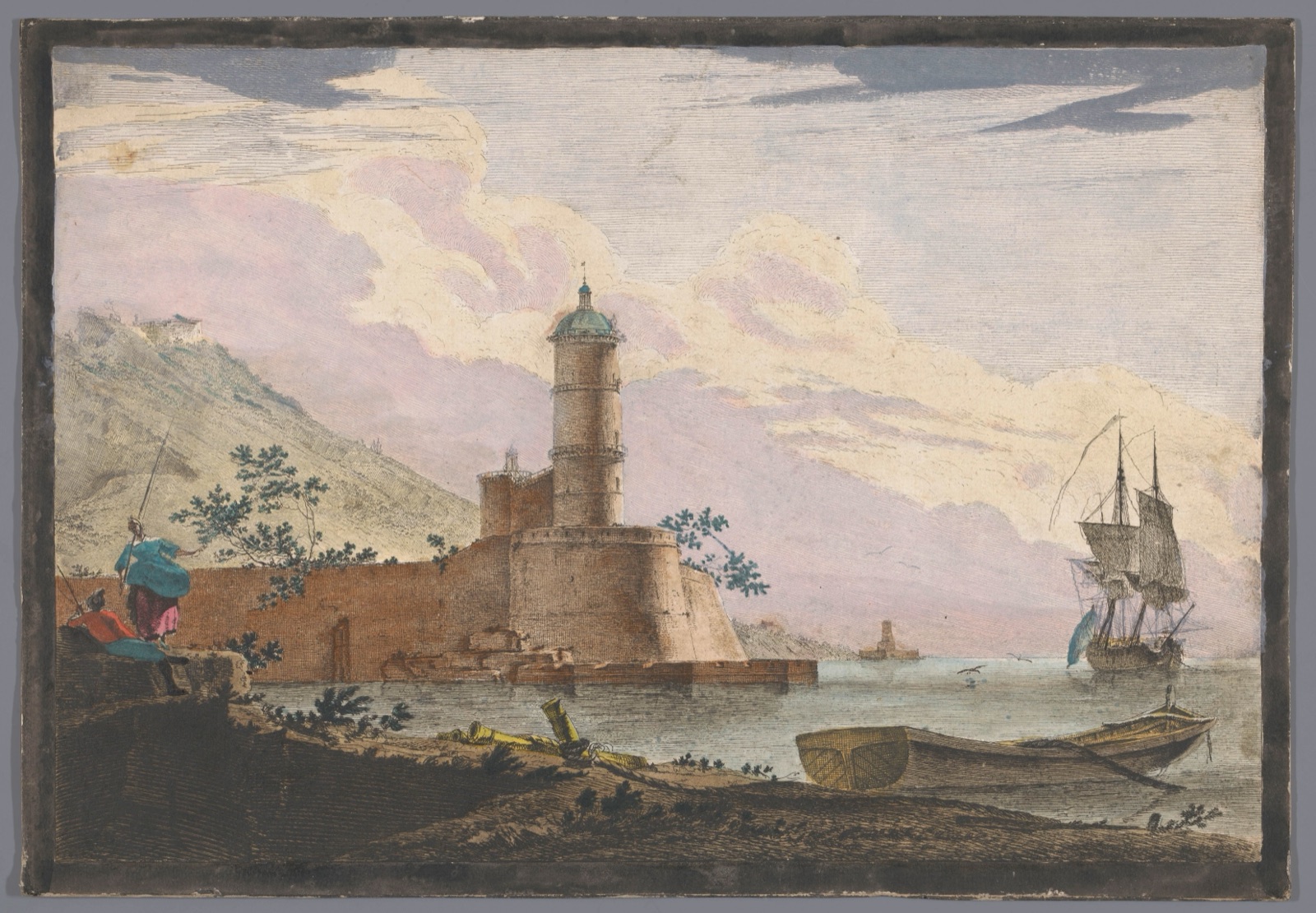 Gezicht op een haven met een toren aan de waterkant