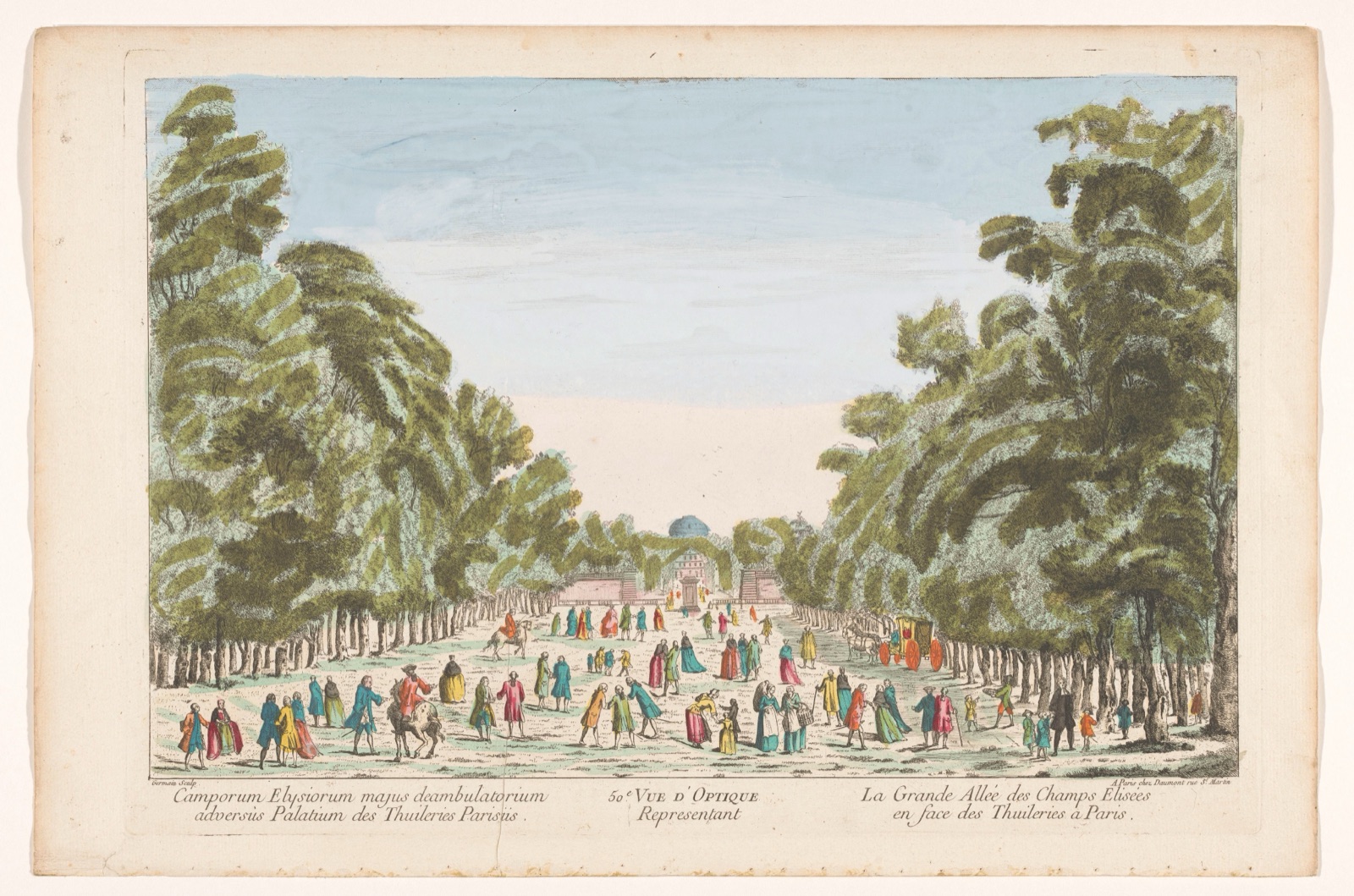 50e. Vue d'optique representant la grande allée des Champs Elisées en face des Thuileries a Paris — Jean-François Daumont (publisher); Germain (printmaker)