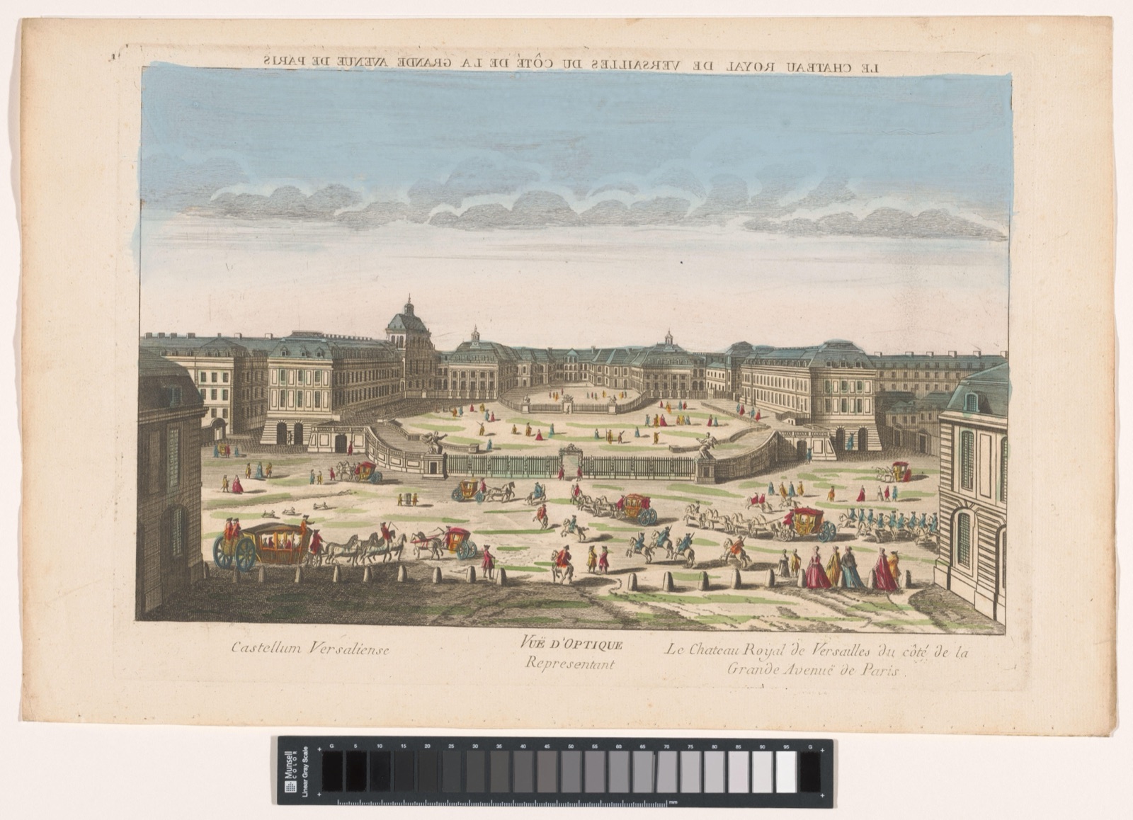 Vuë d'optique representant le Chateau Royal de Versailles du côté de la grande avenuë de Paris
