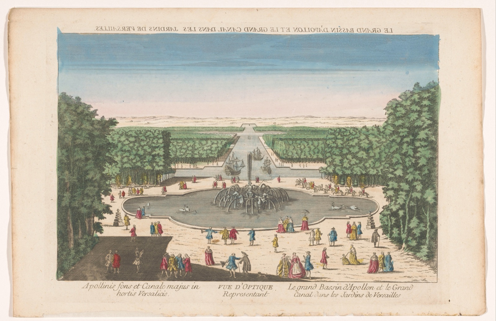 Vue d'optique representant le grand Bassin d'Apollon et le Grand Canal dans les Jardins de Versailles