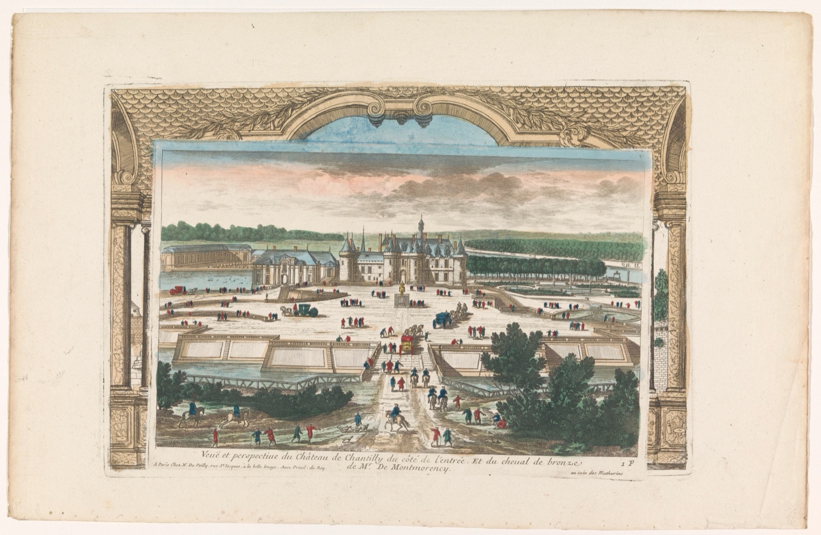 Veuë et perspective du château de Chantilly du côté de l'entrée. Et du cheual de bronze de Mr. de Montmorency — Nicolas Jean Baptiste Poilly (publisher)