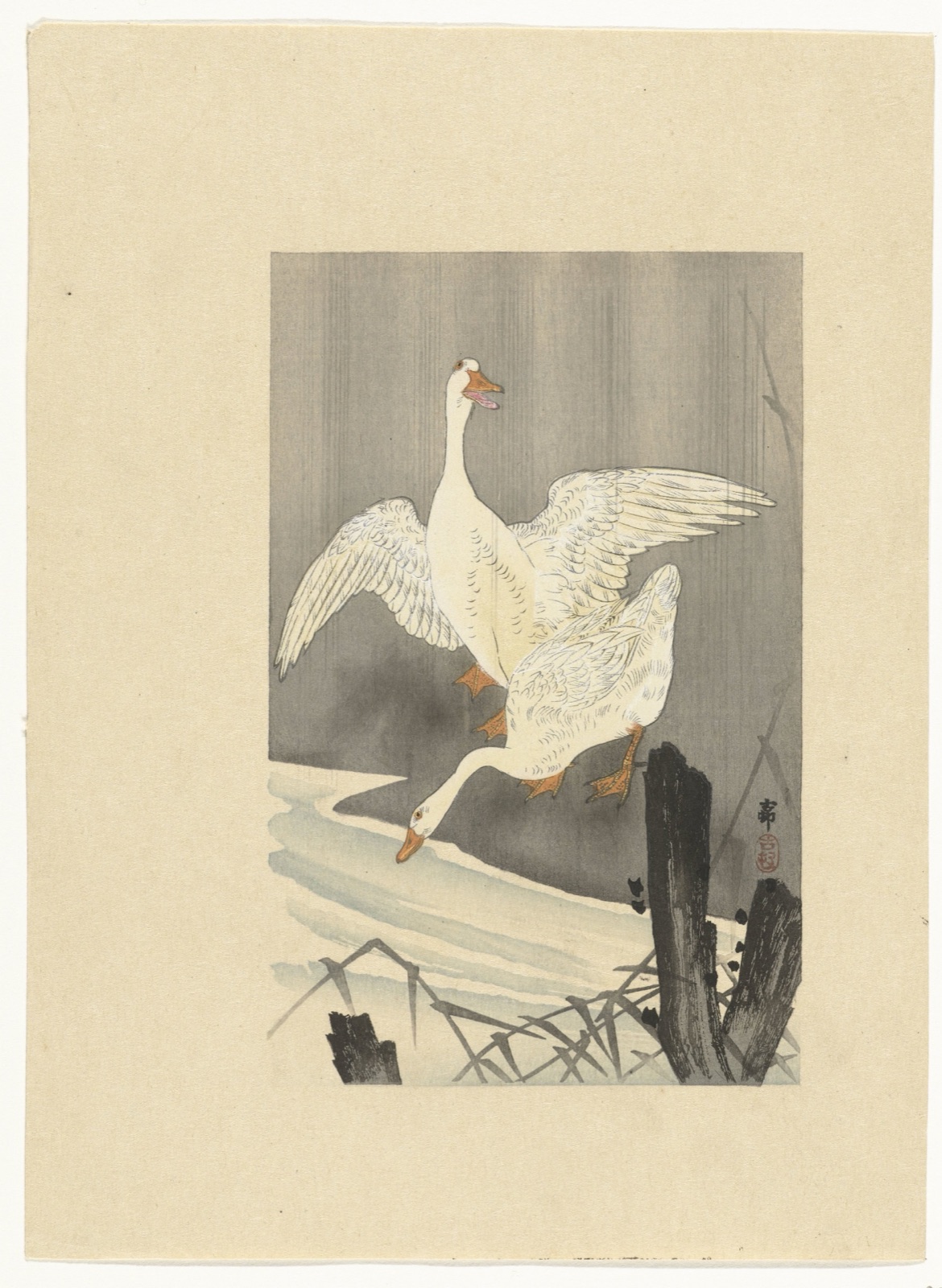 Twee ganzen aan een rivier — Ohara Koson (printmaker)