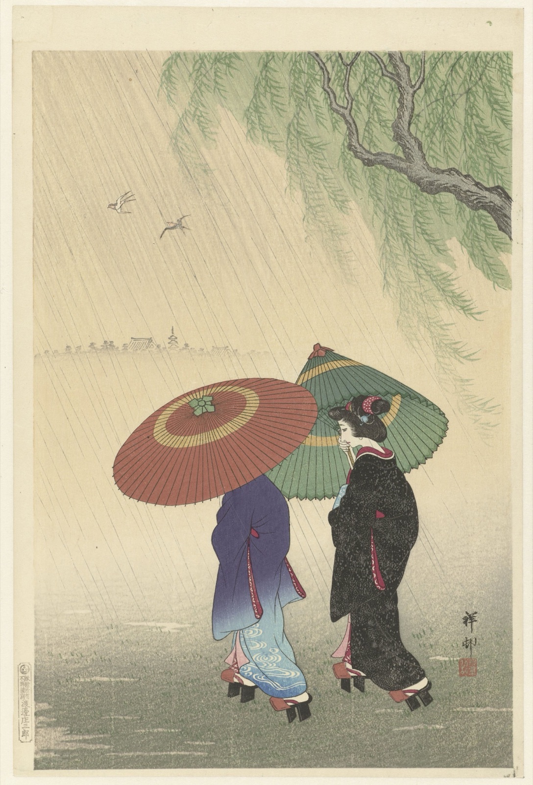 Twee vrouwen in de regen — Ohara Koson (printmaker); Watanabe Shōzaburō (publisher)
