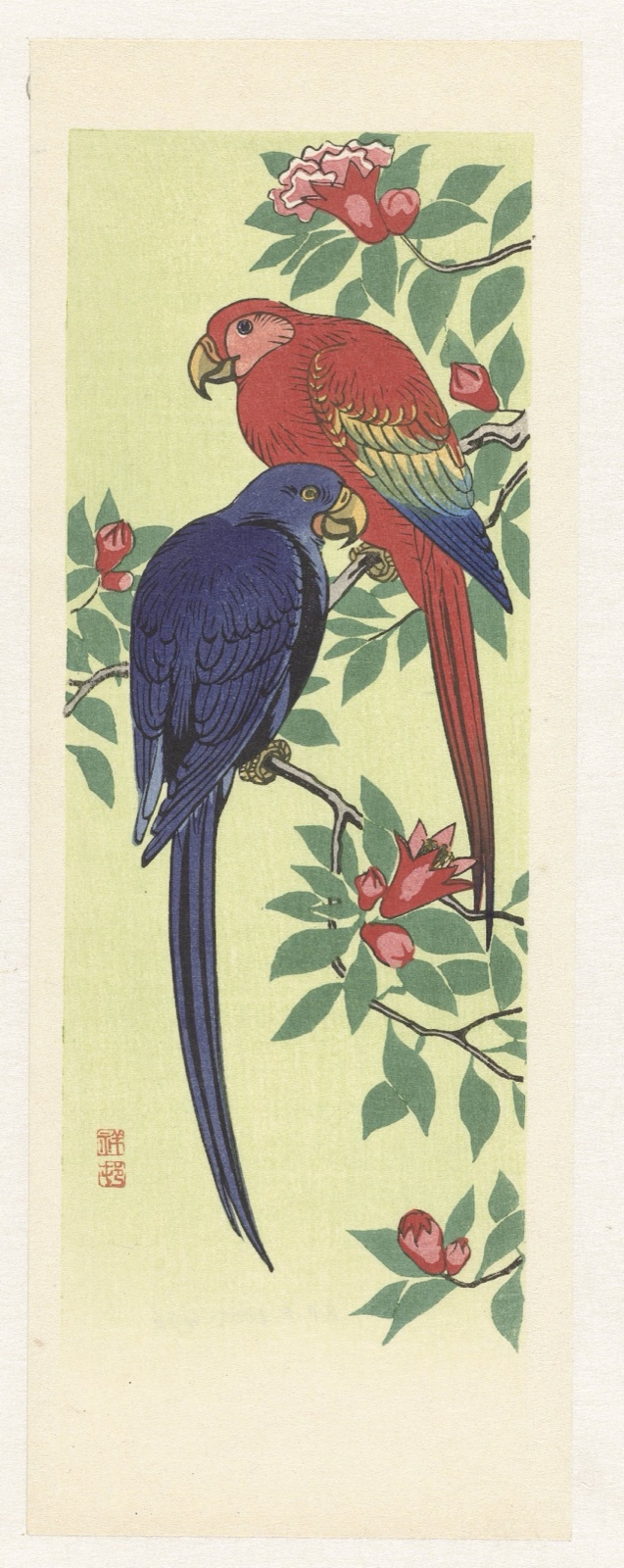 Rode en een blauwe papegaai — Ohara Koson (printmaker); Watanabe Shōzaburō (publisher)