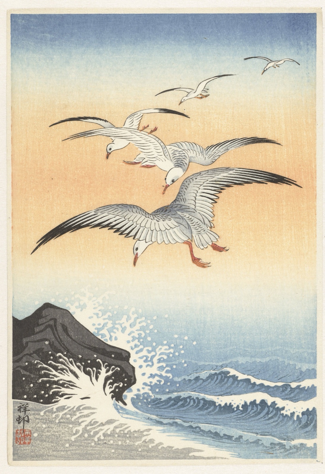 Vijf zeemeeuwen boven onstuimige zee — Ohara Koson (printmaker)