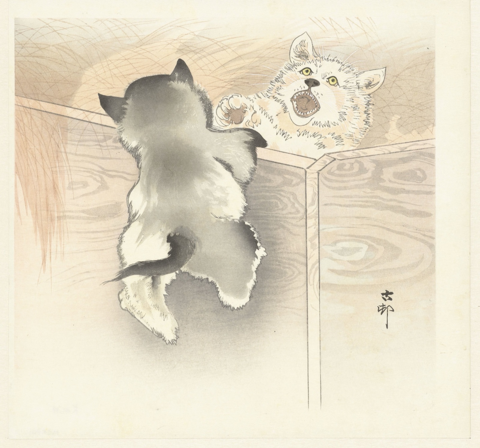 Twee spelende hondjes — Ohara Koson (printmaker); Matsuki Heikichi (publisher)