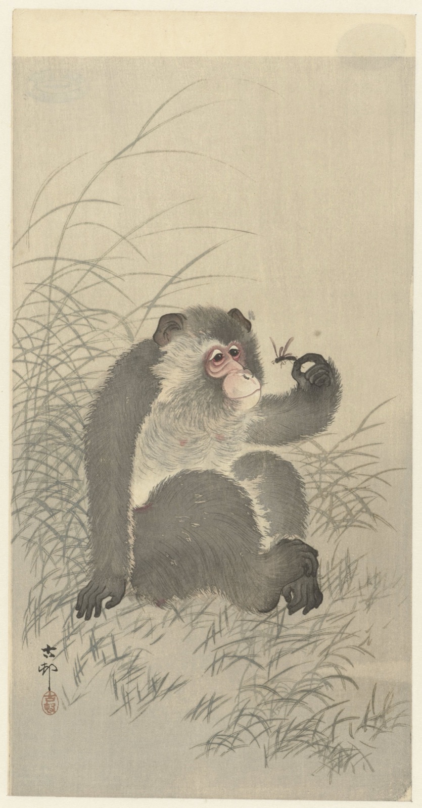 Aap met insect — Ohara Koson (printmaker); Matsuki Heikichi (publisher)