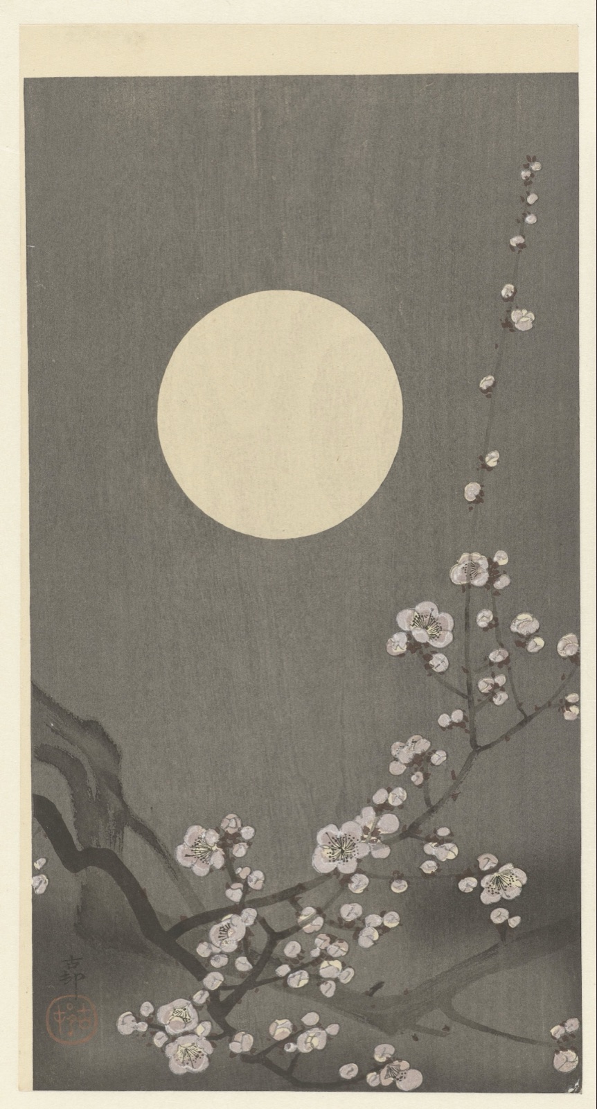 Bloeiende pruimenbloesem bij volle maan — Ohara Koson (printmaker)