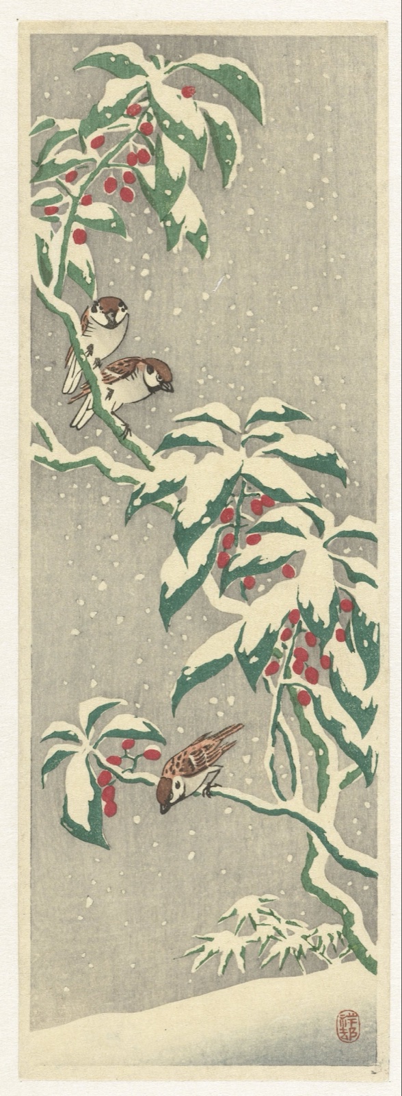 Mussen op besneeuwde bessenstruik — Ohara Koson (printmaker)