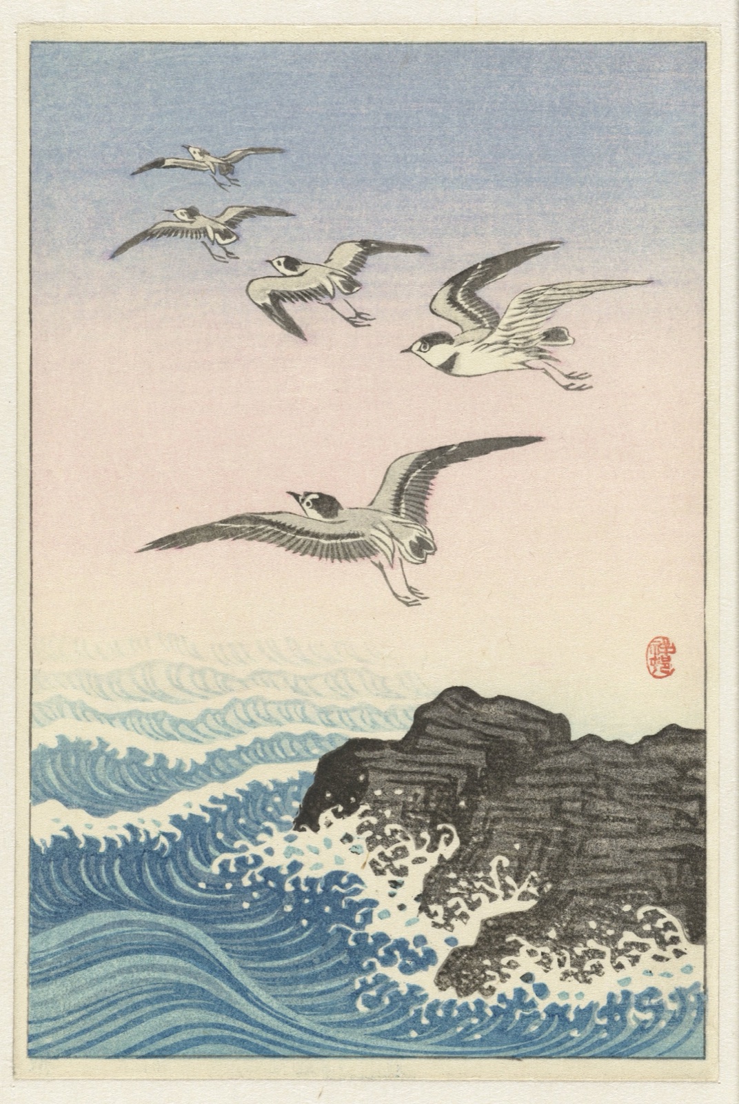 Vijf zeemeeuwen boven rots in zee — Ohara Koson (printmaker)