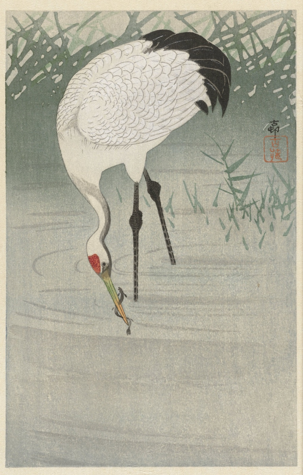 Vissende kraanvogel in ondiep water — Ohara Koson (printmaker)
