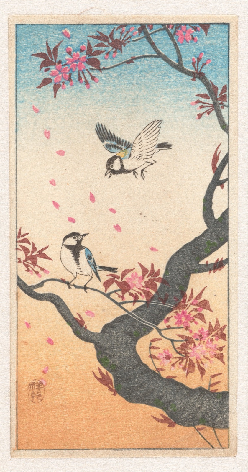 Twee koolmezen bij bloesemende boom — Ohara Koson (printmaker); Watanabe Shōzaburō (publisher)